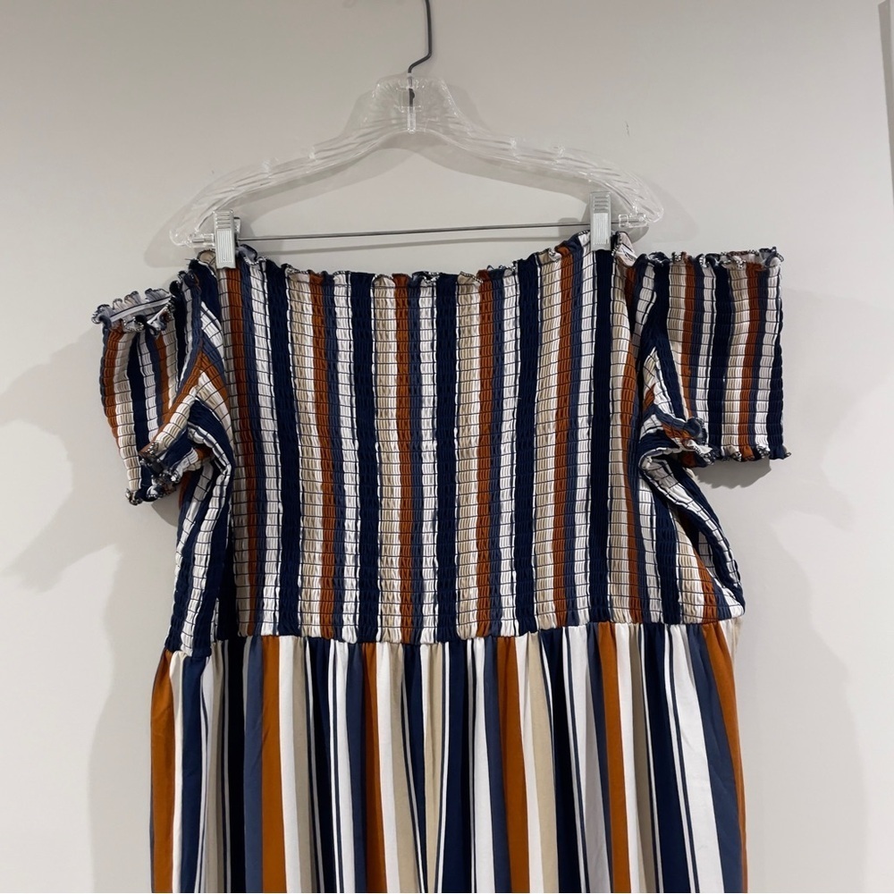 Rue 21 Off-the-Shoulder Striped Jumpsuit - Brown & Blue & Tan & Orange, Size 3X - Picture 4 of 7